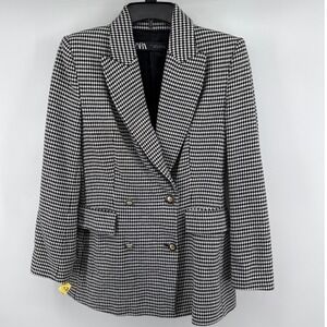 Zara Womens Houndstooth Double Breasted Blazer Black White Gold Buttons Size S